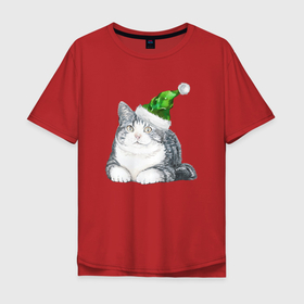 Мужская футболка хлопок Oversize с принтом Котик в зеленой новогодней шапке в Екатеринбурге, 100% хлопок | свободный крой, круглый ворот, “спинка” длиннее передней части | 