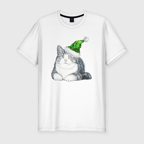 Мужская футболка хлопок Slim с принтом Котик в зеленой новогодней шапке в Екатеринбурге, 92% хлопок, 8% лайкра | приталенный силуэт, круглый вырез ворота, длина до линии бедра, короткий рукав | 