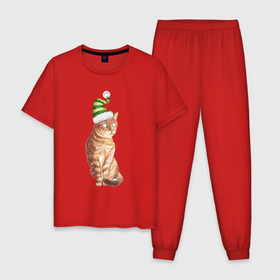 Мужская пижама хлопок с принтом Рыжий котик в новогодней шапочке в Белгороде, 100% хлопок | брюки и футболка прямого кроя, без карманов, на брюках мягкая резинка на поясе и по низу штанин
 | Тематика изображения на принте: 