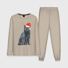 Мужская пижама с лонгсливом хлопок с принтом Серый новогодний котик в Кировске,  |  | 
