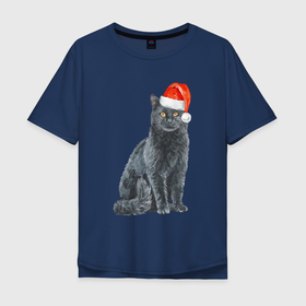 Мужская футболка хлопок Oversize с принтом Серый новогодний котик в Екатеринбурге, 100% хлопок | свободный крой, круглый ворот, “спинка” длиннее передней части | Тематика изображения на принте: 