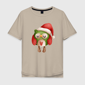 Мужская футболка хлопок Oversize с принтом Новогодняя сова в Курске, 100% хлопок | свободный крой, круглый ворот, “спинка” длиннее передней части | 