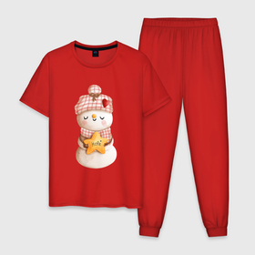 Мужская пижама хлопок с принтом Милый    снеговик в Тюмени, 100% хлопок | брюки и футболка прямого кроя, без карманов, на брюках мягкая резинка на поясе и по низу штанин
 | 