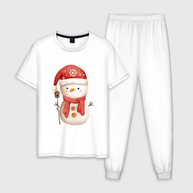 Мужская пижама хлопок с принтом Маленький снеговик в Тюмени, 100% хлопок | брюки и футболка прямого кроя, без карманов, на брюках мягкая резинка на поясе и по низу штанин
 | 