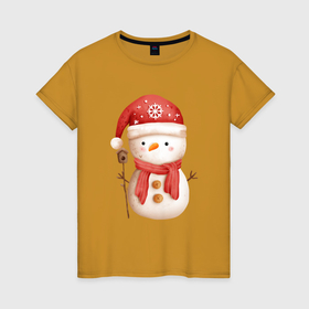 Женская футболка хлопок с принтом Маленький снеговик , 100% хлопок | прямой крой, круглый вырез горловины, длина до линии бедер, слегка спущенное плечо | 