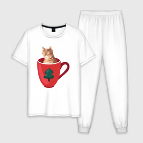 Мужская пижама хлопок с принтом Рыжий котик в кружке в Белгороде, 100% хлопок | брюки и футболка прямого кроя, без карманов, на брюках мягкая резинка на поясе и по низу штанин
 | 