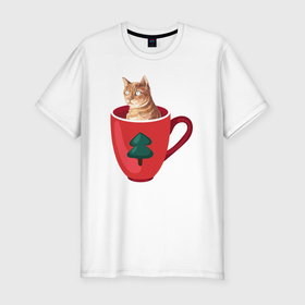 Мужская футболка хлопок Slim с принтом Рыжий котик в кружке в Белгороде, 92% хлопок, 8% лайкра | приталенный силуэт, круглый вырез ворота, длина до линии бедра, короткий рукав | 
