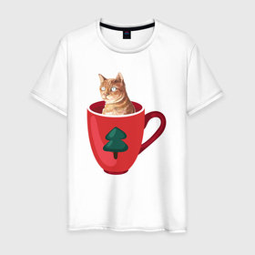 Мужская футболка хлопок с принтом Рыжий котик в кружке в Белгороде, 100% хлопок | прямой крой, круглый вырез горловины, длина до линии бедер, слегка спущенное плечо. | 