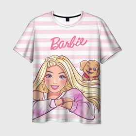 Мужская футболка 3D с принтом Барби с щенком: розово белая горизонтальная полоска в Санкт-Петербурге, 100% полиэфир | прямой крой, круглый вырез горловины, длина до линии бедер | 