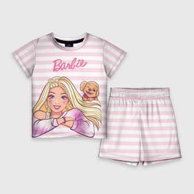 Детский костюм с шортами 3D с принтом Барби с щенком: розово белая горизонтальная полоска ,  |  | 