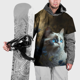 Накидка на куртку 3D с принтом Кот и синие цветы в Тюмени, 100% полиэстер |  | 