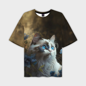 Мужская футболка oversize 3D с принтом Кот и синие цветы в Тюмени,  |  | 