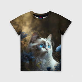 Детская футболка 3D с принтом Кот и синие цветы в Кировске, 100% гипоаллергенный полиэфир | прямой крой, круглый вырез горловины, длина до линии бедер, чуть спущенное плечо, ткань немного тянется | 