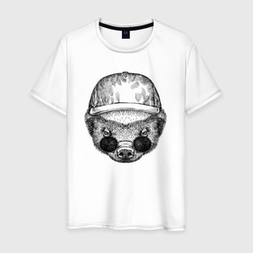 Мужская футболка хлопок с принтом Медоед в кепке и очках в Тюмени, 100% хлопок | прямой крой, круглый вырез горловины, длина до линии бедер, слегка спущенное плечо. | 