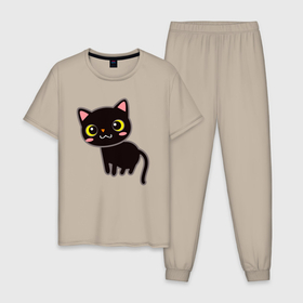 Мужская пижама хлопок с принтом Чёрный кавайный котик , 100% хлопок | брюки и футболка прямого кроя, без карманов, на брюках мягкая резинка на поясе и по низу штанин
 | 