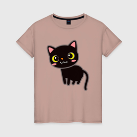 Женская футболка хлопок с принтом Чёрный кавайный котик в Белгороде, 100% хлопок | прямой крой, круглый вырез горловины, длина до линии бедер, слегка спущенное плечо | Тематика изображения на принте: 