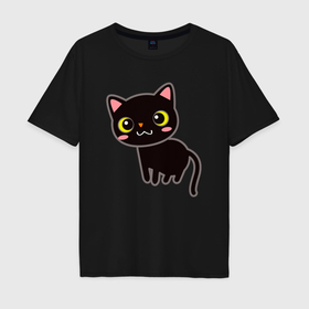 Мужская футболка хлопок Oversize с принтом Чёрный кавайный котик в Кировске, 100% хлопок | свободный крой, круглый ворот, “спинка” длиннее передней части | 