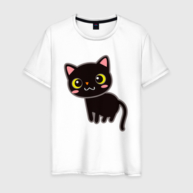Мужская футболка хлопок с принтом Чёрный кавайный котик в Екатеринбурге, 100% хлопок | прямой крой, круглый вырез горловины, длина до линии бедер, слегка спущенное плечо. | 
