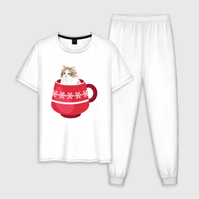 Мужская пижама хлопок с принтом Кот в новогодней  кружке в Екатеринбурге, 100% хлопок | брюки и футболка прямого кроя, без карманов, на брюках мягкая резинка на поясе и по низу штанин
 | 