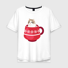 Мужская футболка хлопок Oversize с принтом Кот в новогодней  кружке в Екатеринбурге, 100% хлопок | свободный крой, круглый ворот, “спинка” длиннее передней части | Тематика изображения на принте: 