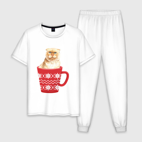 Мужская пижама хлопок с принтом Рыжий кот в кружке со снежинками в Петрозаводске, 100% хлопок | брюки и футболка прямого кроя, без карманов, на брюках мягкая резинка на поясе и по низу штанин
 | 