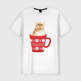 Мужская футболка хлопок Slim с принтом Рыжий кот в кружке со снежинками в Кировске, 92% хлопок, 8% лайкра | приталенный силуэт, круглый вырез ворота, длина до линии бедра, короткий рукав | 