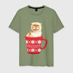 Мужская футболка хлопок с принтом Рыжий кот в кружке со снежинками , 100% хлопок | прямой крой, круглый вырез горловины, длина до линии бедер, слегка спущенное плечо. | Тематика изображения на принте: 