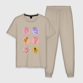 Мужская пижама хлопок с принтом Цветы лайн арт маркеры в Тюмени, 100% хлопок | брюки и футболка прямого кроя, без карманов, на брюках мягкая резинка на поясе и по низу штанин
 | 