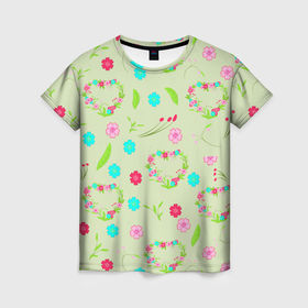 Женская футболка 3D с принтом Цветы и веточки    венок в Тюмени, 100% полиэфир ( синтетическое хлопкоподобное полотно) | прямой крой, круглый вырез горловины, длина до линии бедер | 