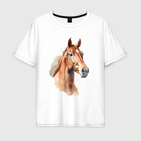 Мужская футболка хлопок Oversize с принтом Акварельная коричневая лошадь в Санкт-Петербурге, 100% хлопок | свободный крой, круглый ворот, “спинка” длиннее передней части | 