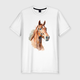 Мужская футболка хлопок Slim с принтом Акварельная коричневая лошадь в Курске, 92% хлопок, 8% лайкра | приталенный силуэт, круглый вырез ворота, длина до линии бедра, короткий рукав | 