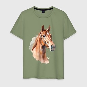 Мужская футболка хлопок с принтом Акварельная коричневая лошадь , 100% хлопок | прямой крой, круглый вырез горловины, длина до линии бедер, слегка спущенное плечо. | 