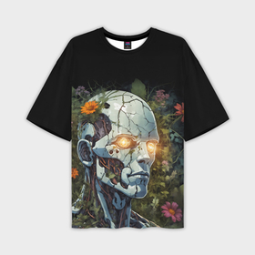 Мужская футболка oversize 3D с принтом Киборг с треснувшей головой и растениями со светящимися глазами в Курске,  |  | 