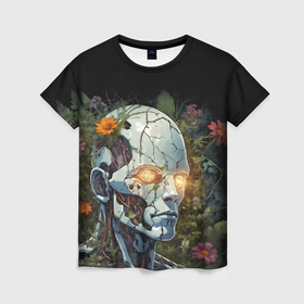 Женская футболка 3D с принтом Киборг с треснувшей головой и растениями со светящимися глазами в Екатеринбурге, 100% полиэфир ( синтетическое хлопкоподобное полотно) | прямой крой, круглый вырез горловины, длина до линии бедер | 