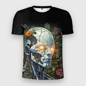 Мужская футболка 3D Slim с принтом Киборг с треснувшей головой и растениями со светящимися глазами в Новосибирске, 100% полиэстер с улучшенными характеристиками | приталенный силуэт, круглая горловина, широкие плечи, сужается к линии бедра | 