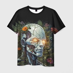 Мужская футболка 3D с принтом Киборг с треснувшей головой и растениями со светящимися глазами в Новосибирске, 100% полиэфир | прямой крой, круглый вырез горловины, длина до линии бедер | Тематика изображения на принте: 