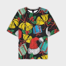 Мужская футболка oversize 3D с принтом Узор с рождественскими колокольчиками в Санкт-Петербурге,  |  | Тематика изображения на принте: 