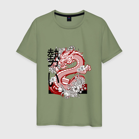 Мужская футболка хлопок с принтом Татуировка с японским иероглифом и драконом в Тюмени, 100% хлопок | прямой крой, круглый вырез горловины, длина до линии бедер, слегка спущенное плечо. | 