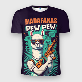 Мужская футболка 3D Slim с принтом Pew Pew Madafakas   лама с пистолетами , 100% полиэстер с улучшенными характеристиками | приталенный силуэт, круглая горловина, широкие плечи, сужается к линии бедра | Тематика изображения на принте: 