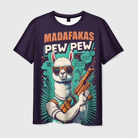 Мужская футболка 3D с принтом Pew Pew Madafakas   лама с пистолетами , 100% полиэфир | прямой крой, круглый вырез горловины, длина до линии бедер | Тематика изображения на принте: 