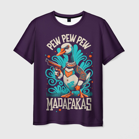 Мужская футболка 3D с принтом Пиу пиу мадафакас   гусь с пистолетом в Петрозаводске, 100% полиэфир | прямой крой, круглый вырез горловины, длина до линии бедер | 