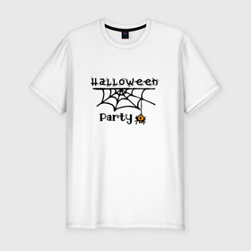 Мужская футболка хлопок Slim с принтом Halloween party паук с паутиной хэллоуин в Тюмени, 92% хлопок, 8% лайкра | приталенный силуэт, круглый вырез ворота, длина до линии бедра, короткий рукав | 