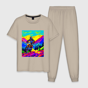 Мужская пижама хлопок с принтом Прыжок на мотобайке в Тюмени, 100% хлопок | брюки и футболка прямого кроя, без карманов, на брюках мягкая резинка на поясе и по низу штанин
 | 