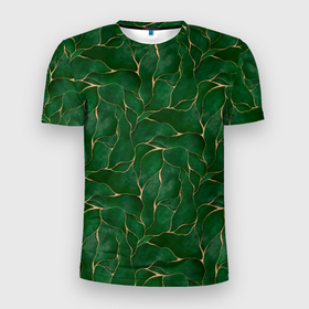 Мужская футболка 3D Slim с принтом Зеленый камуфляж с золотом в Новосибирске, 100% полиэстер с улучшенными характеристиками | приталенный силуэт, круглая горловина, широкие плечи, сужается к линии бедра | 