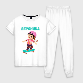 Женская пижама хлопок с принтом Вероника   девочка на скейте в Белгороде, 100% хлопок | брюки и футболка прямого кроя, без карманов, на брюках мягкая резинка на поясе и по низу штанин | 
