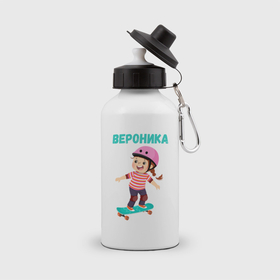 Бутылка спортивная с принтом Вероника   девочка на скейте в Санкт-Петербурге, металл | емкость — 500 мл, в комплекте две пластиковые крышки и карабин для крепления | 