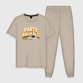 Мужская пижама хлопок с принтом Party Animals в Санкт-Петербурге, 100% хлопок | брюки и футболка прямого кроя, без карманов, на брюках мягкая резинка на поясе и по низу штанин
 | 