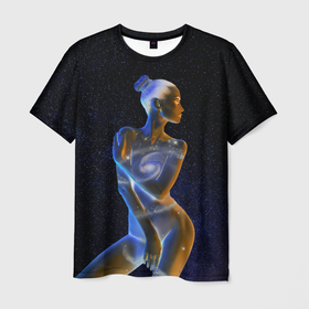 Мужская футболка 3D с принтом Неоновая девушка галактика и звезды в Белгороде, 100% полиэфир | прямой крой, круглый вырез горловины, длина до линии бедер | 