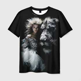 Мужская футболка 3D с принтом Черный лев с девушкой в Петрозаводске, 100% полиэфир | прямой крой, круглый вырез горловины, длина до линии бедер | 