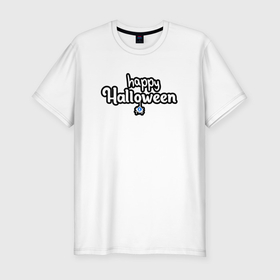Мужская футболка хлопок Slim с принтом Happy halloween и паук в Белгороде, 92% хлопок, 8% лайкра | приталенный силуэт, круглый вырез ворота, длина до линии бедра, короткий рукав | Тематика изображения на принте: 